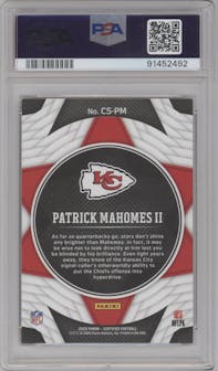 Patrick Mahomes II from the 2020 Panini Certified set featuring a Mirror Purple parallel graded by PSA and given an overall grade of 8.