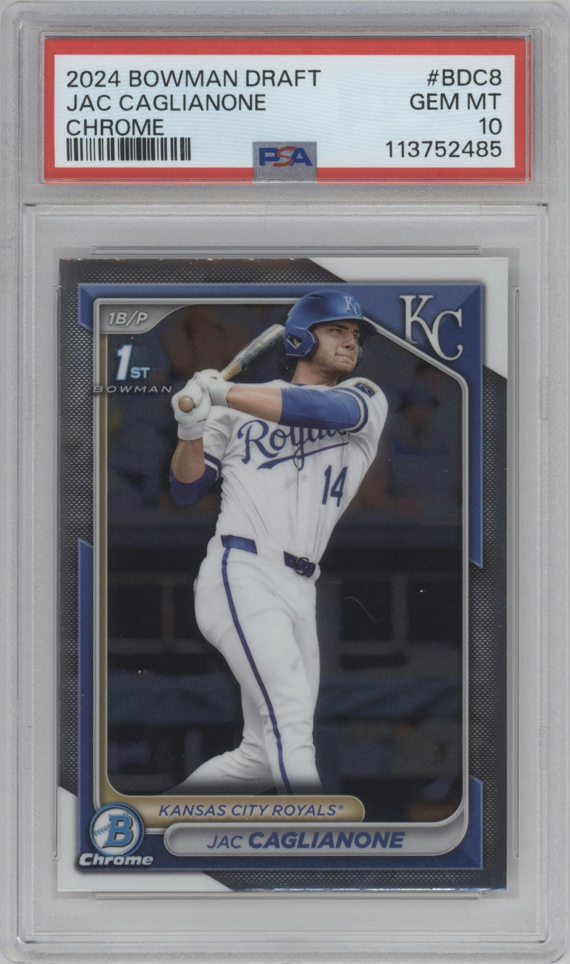 Jac Caglianone from the 2024 Bowman Draft set graded by PSA and given an overall grade of 10.