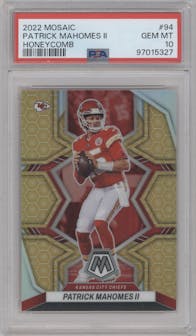  Patrick Mahomes II  from the 2022 Panini Mosaic set featuring a Honeycomb parallel graded by PSA and given an overall grade of 10.