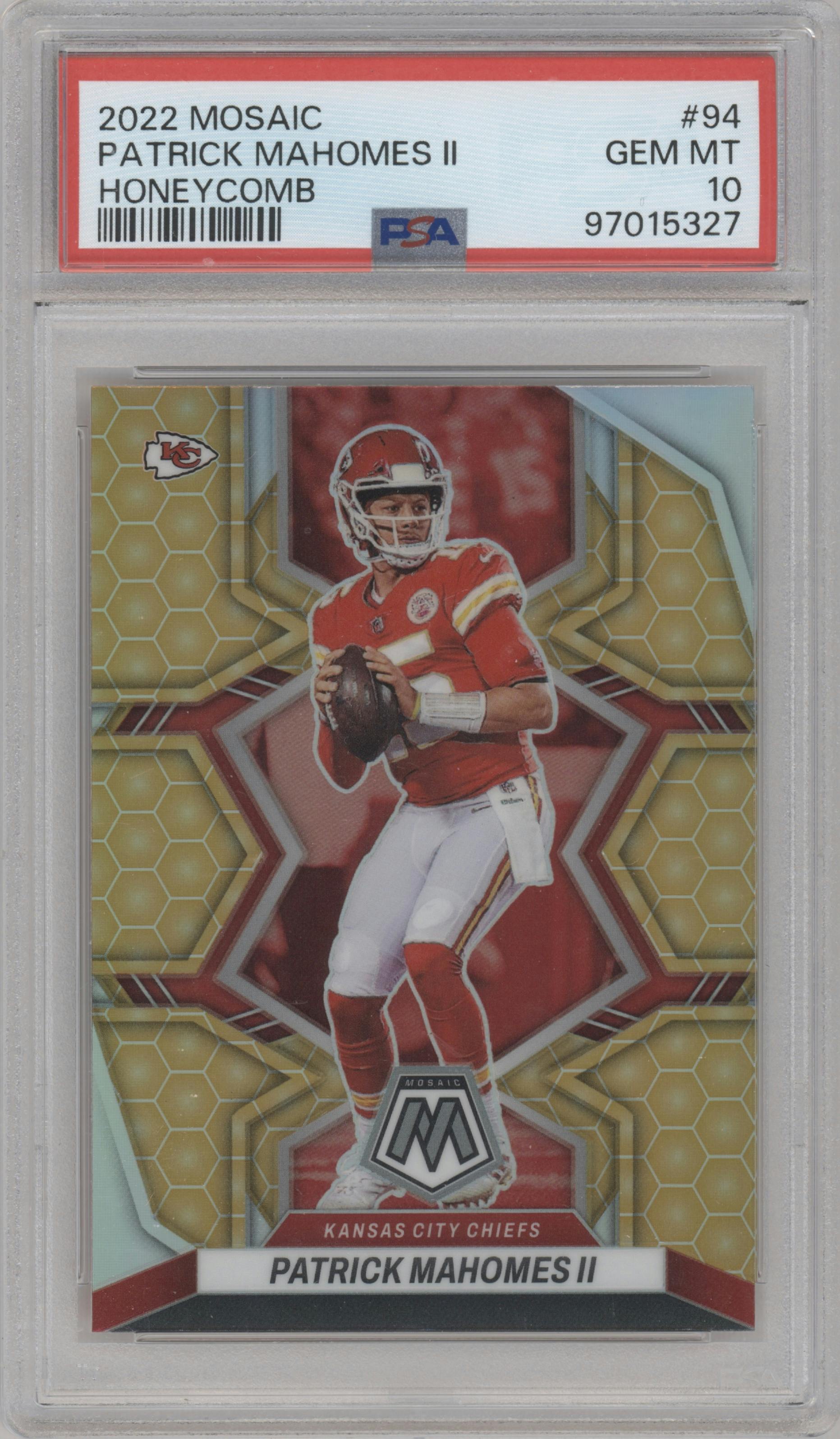  Patrick Mahomes II  from the 2022 Panini Mosaic set featuring a Honeycomb parallel graded by PSA and given an overall grade of 10.
