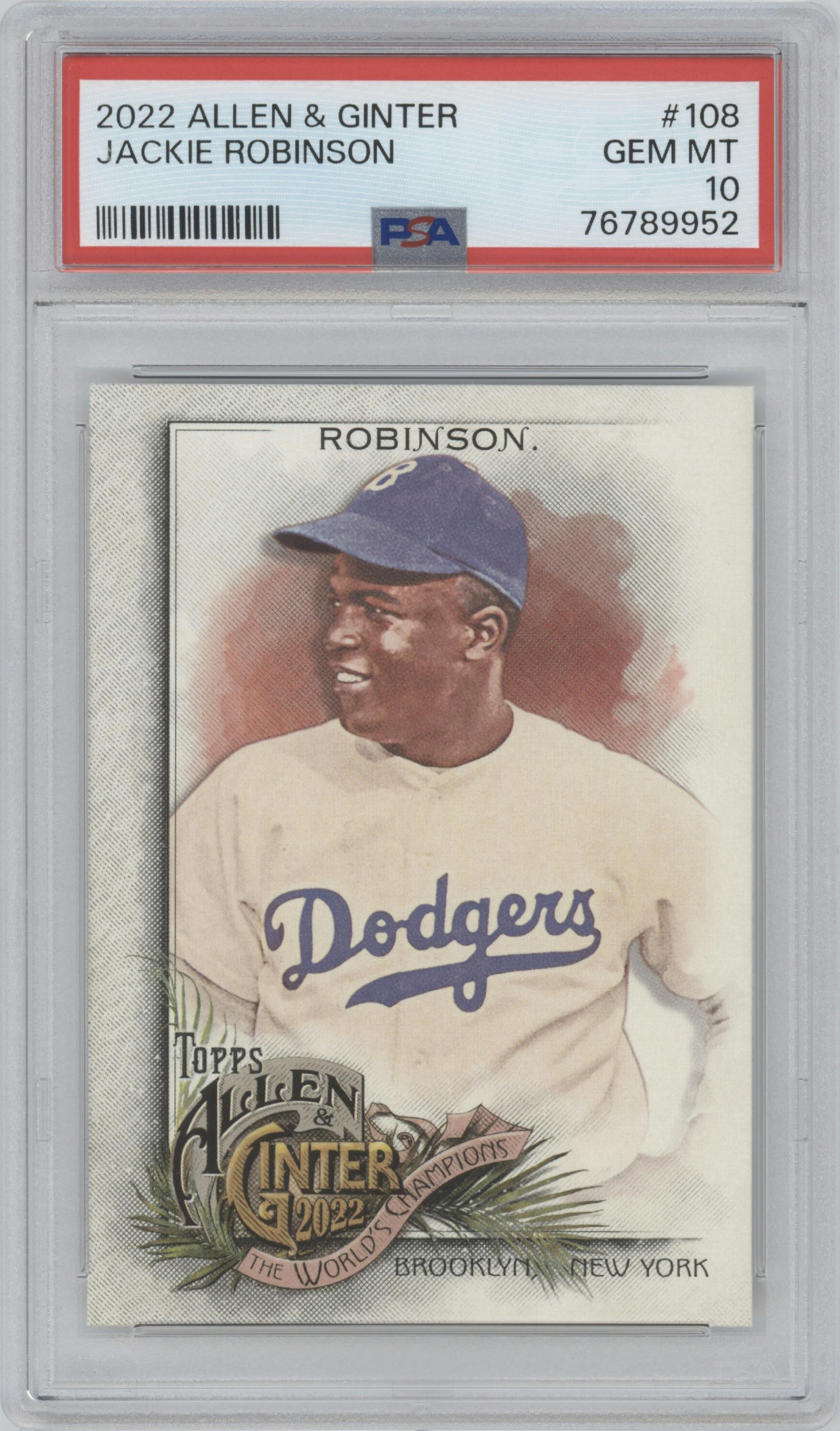 Jackie Robinson from the 2022 Topps Allen & Ginter set graded by PSA and given an overall grade of 10.