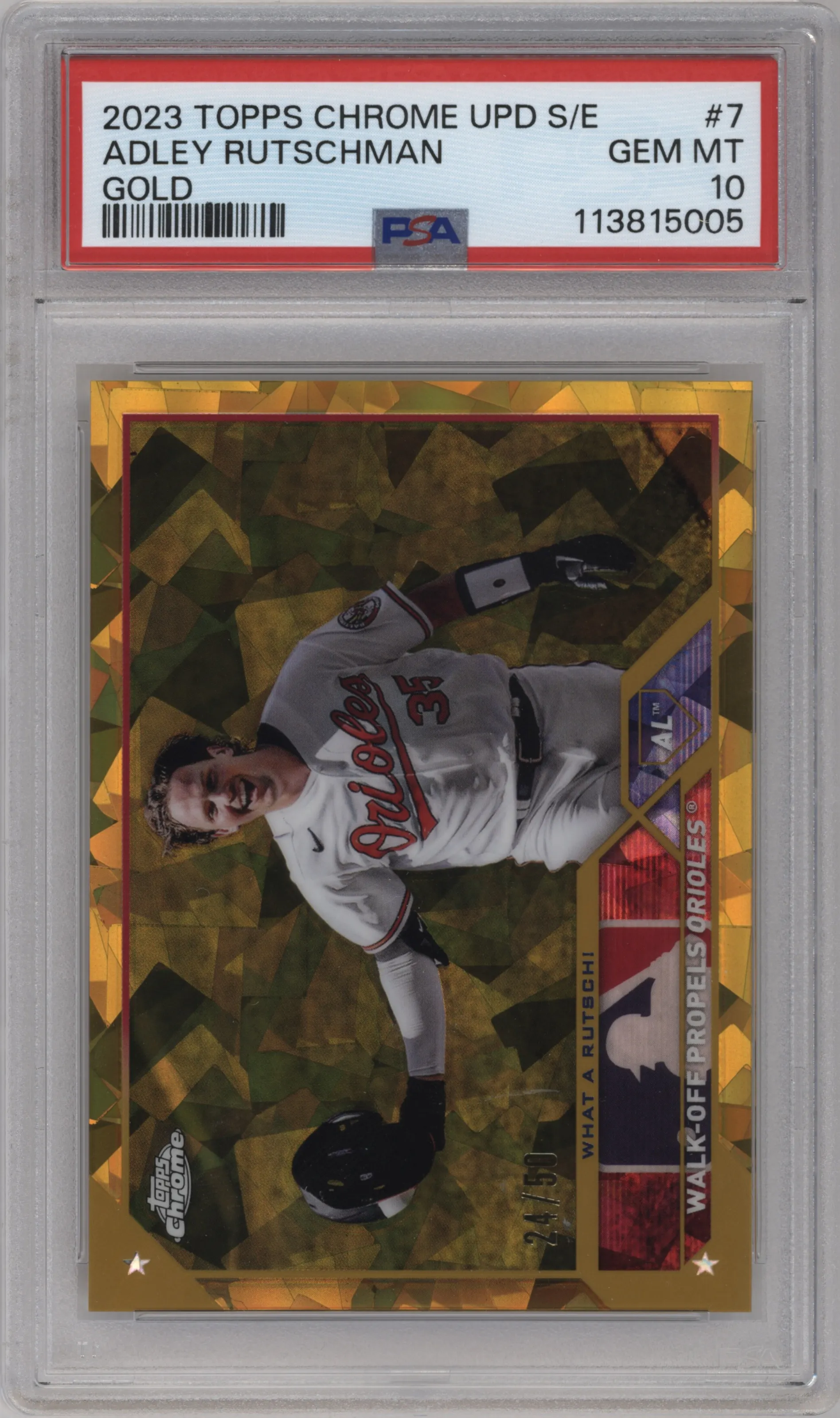 Adley Rutschman from the 2023 Topps Chrome Update Series Sapphire Edition set featuring a Gold parallel graded by PSA and given an overall grade of 10.
