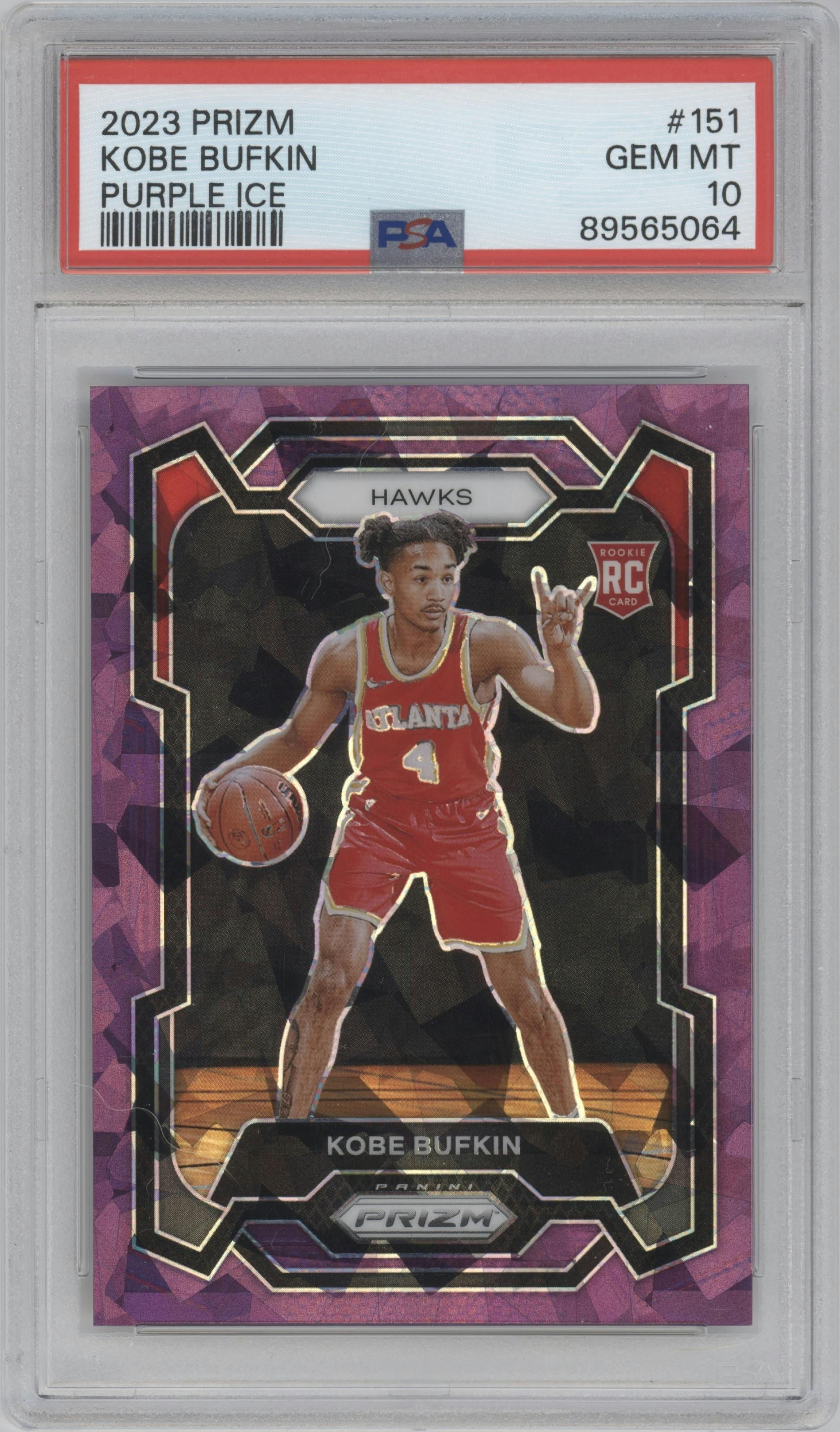 Kobe Bufkin from the 2023-24 Panini Prizm set featuring a Purple Ice  parallel graded by PSA and given an overall grade of 10.