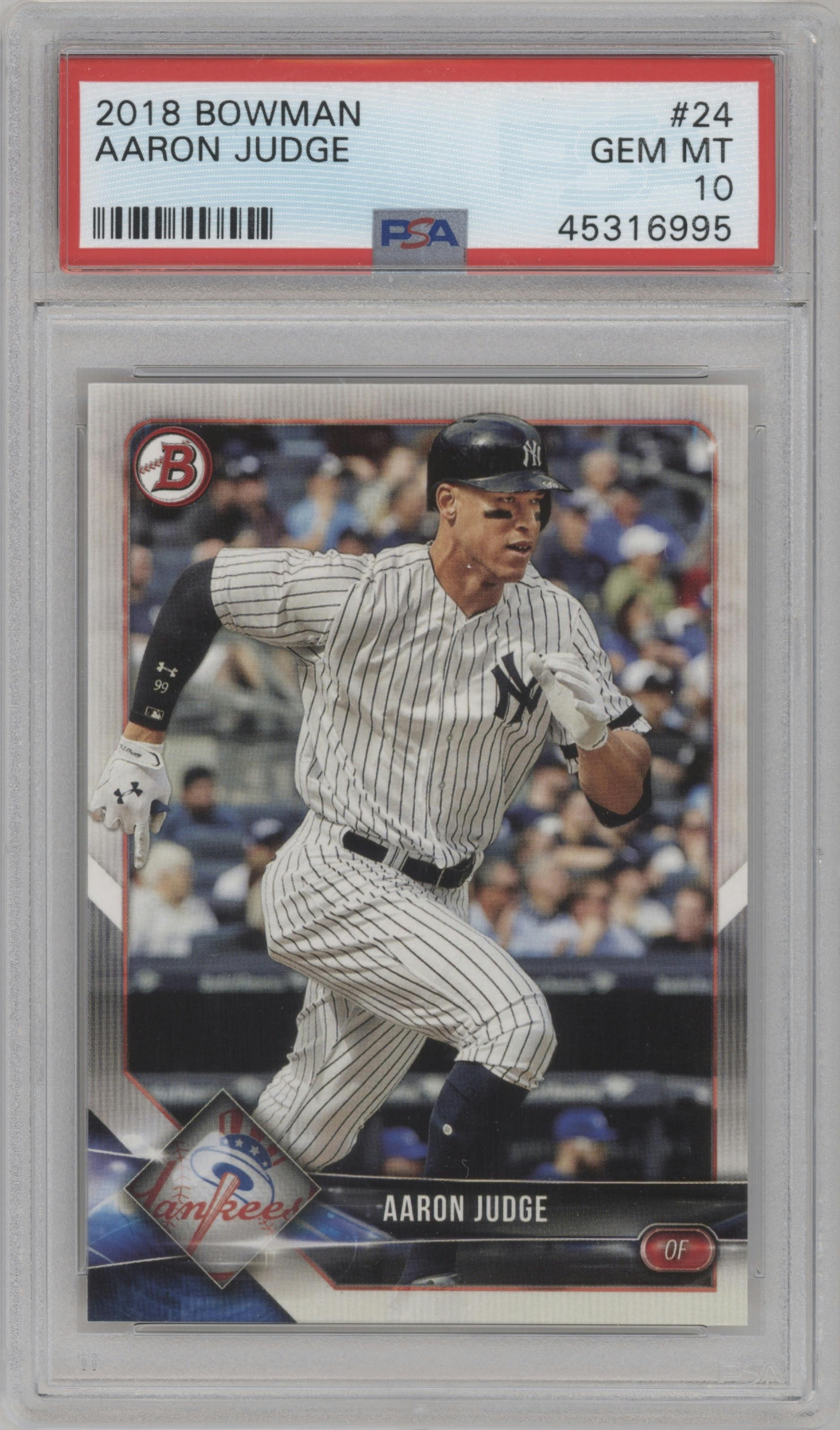 Aaron Judge from the 2018 Bowman set graded by PSA and given an overall grade of 10.