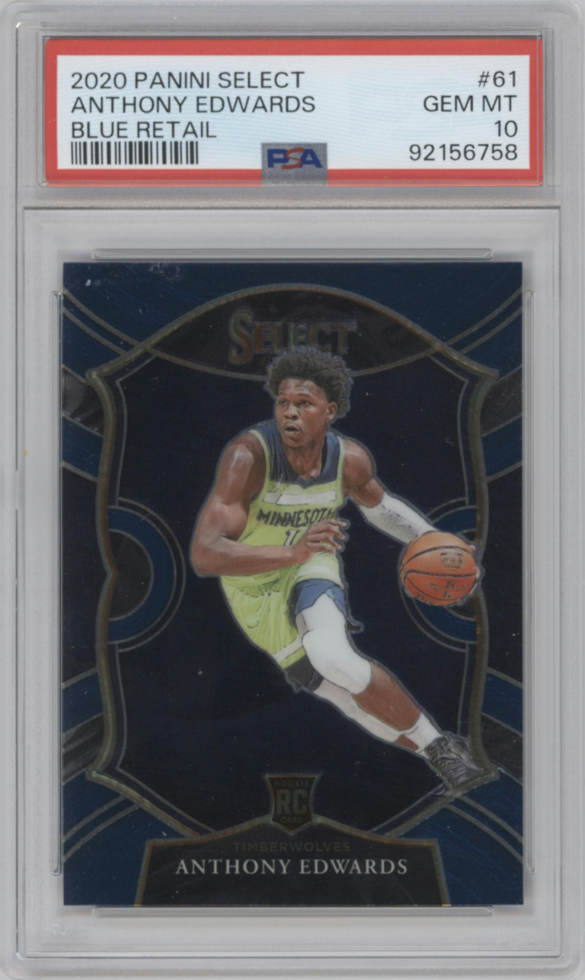 Anthony Edwards from the 2020-21 Panini Select  set featuring a Blue Retail parallel graded by PSA and given an overall grade of 10.