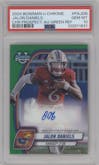 Jalon Daniels from the 2024 Bowman University Chrome set featuring a Green Refractor parallel graded by PSA and given an overall grade of 10.