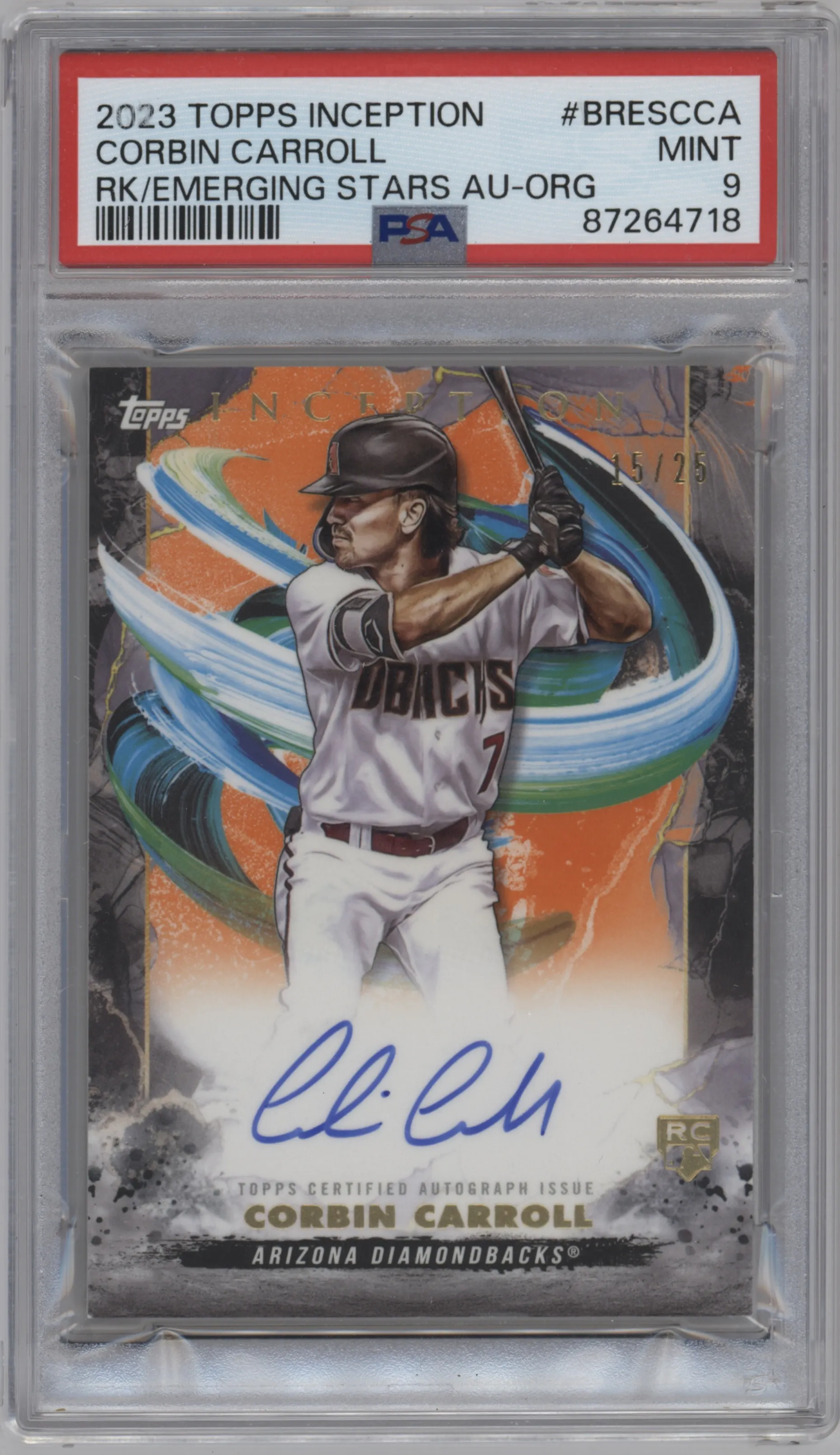 2023 Topps Inception Rke./Emer.Star Auto Corbin Carroll Orange #BRES-CCA PSA 9