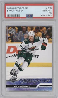 Brock Faber from the 2023-24 Upper Deck Series 1 set graded by PSA and given an overall grade of 10.