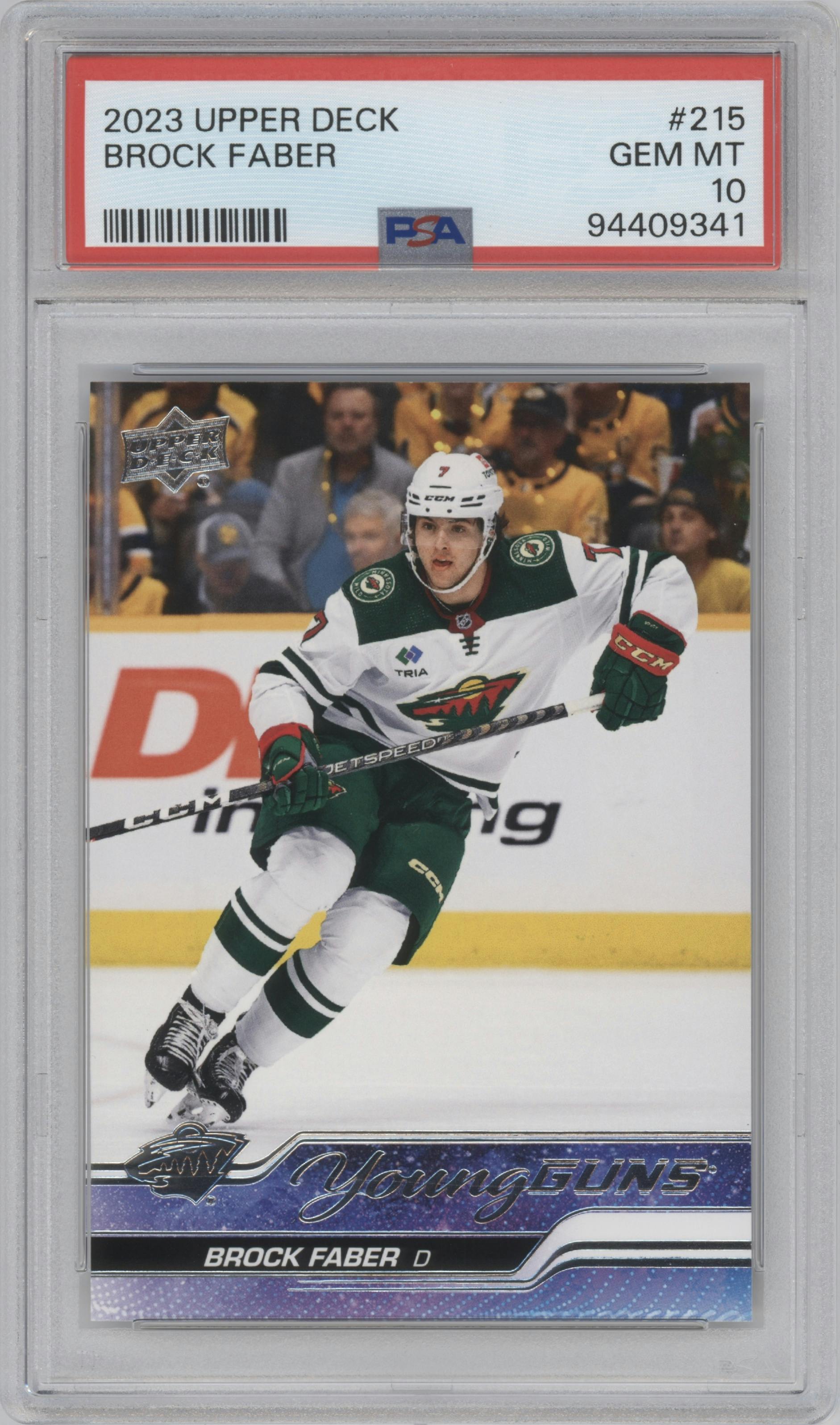 Brock Faber from the 2023-24 Upper Deck Series 1 set graded by PSA and given an overall grade of 10.