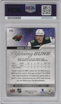 Brock Faber from the 2023-24 Upper Deck Series 1 set graded by PSA and given an overall grade of 10.
