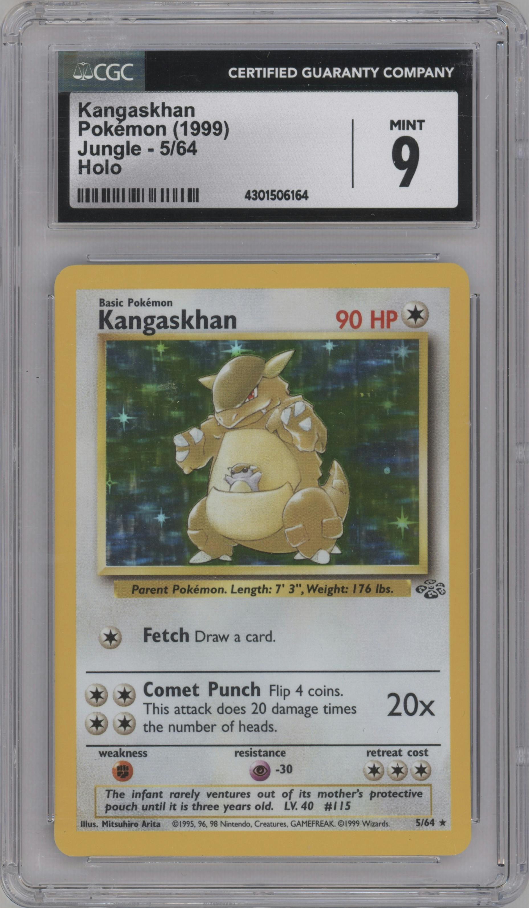 Kangaskhan from the 1999 Pokemon set graded by CSG and given an overall grade of 9.