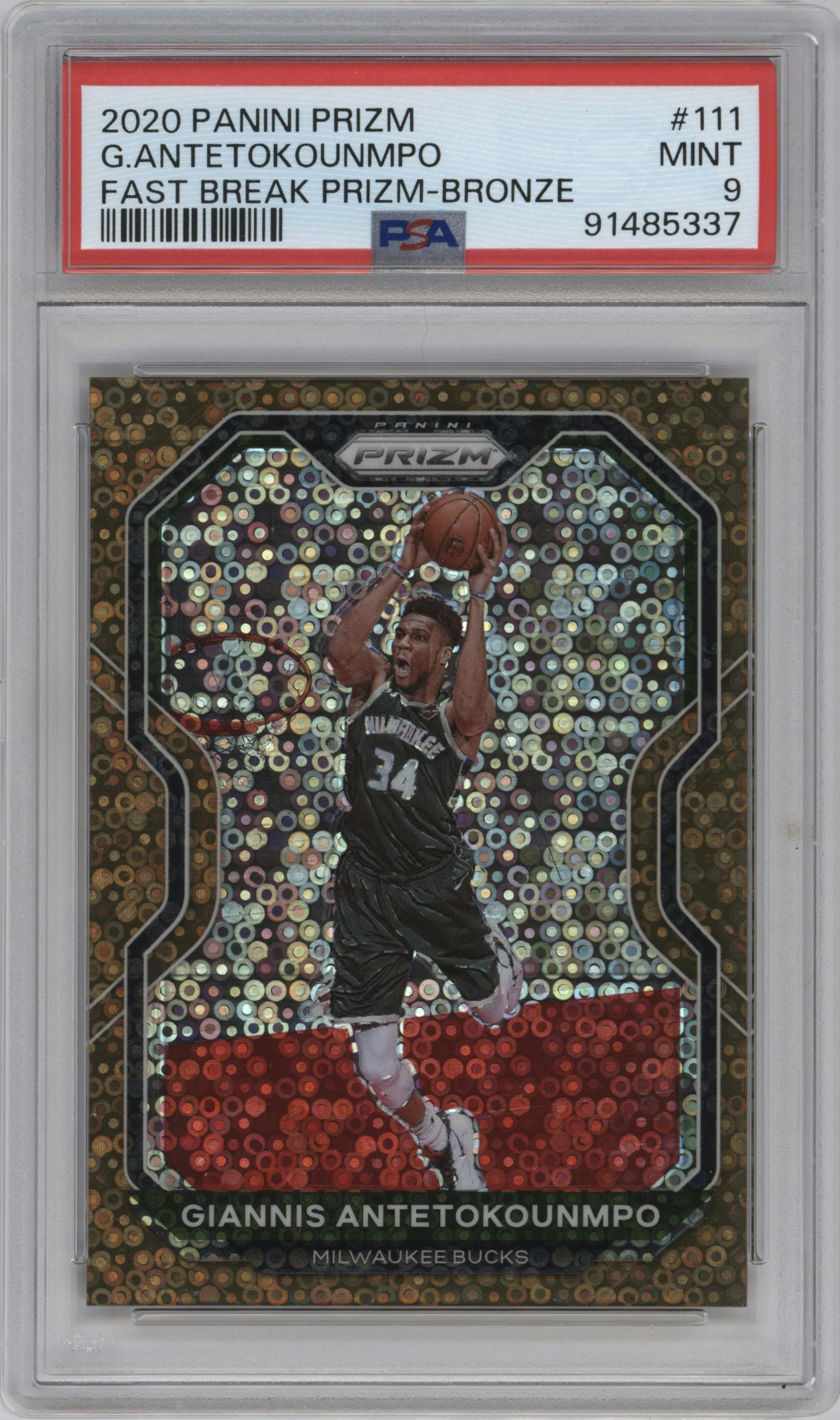 Giannis Antetokounmpo from the 2020-21 Panini Prizm set featuring a Fast Break Bronze parallel graded by PSA and given an overall grade of 9.