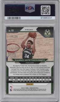 Giannis Antetokounmpo from the 2020-21 Panini Prizm set featuring a Fast Break Bronze parallel graded by PSA and given an overall grade of 9.