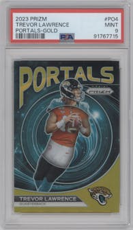 Trevor Lawrence from the 2023 Panini Prizm set featuring a Gold parallel graded by PSA and given an overall grade of 9.