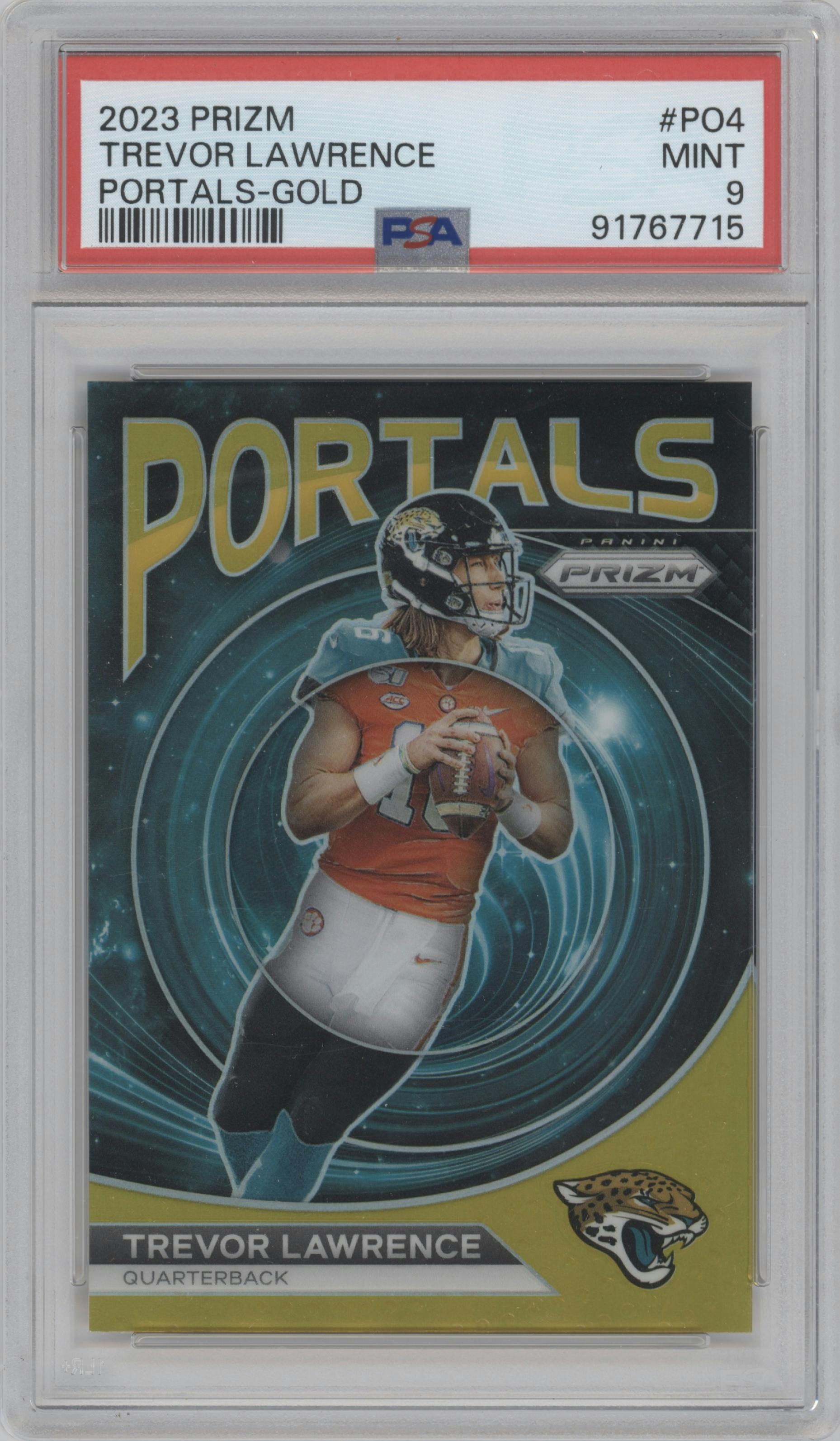Trevor Lawrence from the 2023 Panini Prizm set featuring a Gold parallel graded by PSA and given an overall grade of 9.