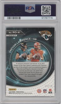 Trevor Lawrence from the 2023 Panini Prizm set featuring a Gold parallel graded by PSA and given an overall grade of 9.