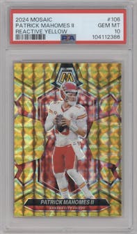 Patrick Mahomes II from the 2024 Panini Mosaic set featuring a Reactive Yellow parallel graded by PSA and given an overall grade of 10.