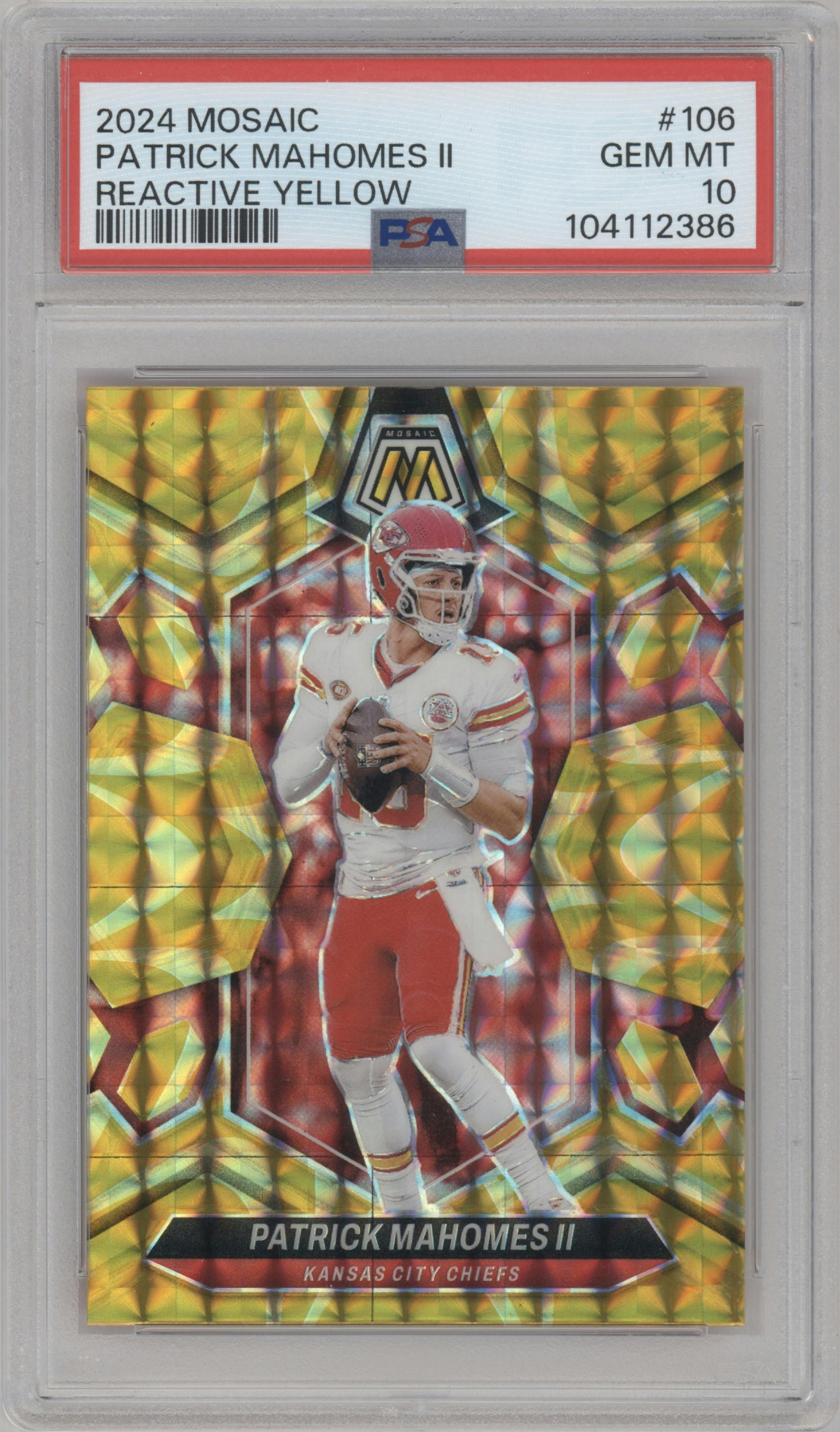 Patrick Mahomes II from the 2024 Panini Mosaic set featuring a Reactive Yellow parallel graded by PSA and given an overall grade of 10.