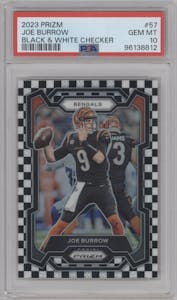 Joe Burrow from the 2023 Panini Prizm set featuring a Black/White Checker parallel graded by PSA and given an overall grade of 10.