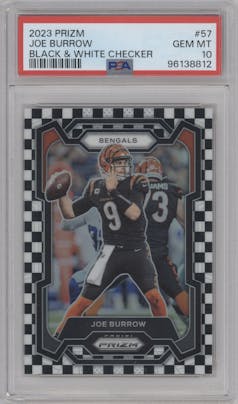Joe Burrow from the 2023 Panini Prizm set featuring a Black/White Checker parallel graded by PSA and given an overall grade of 10.
