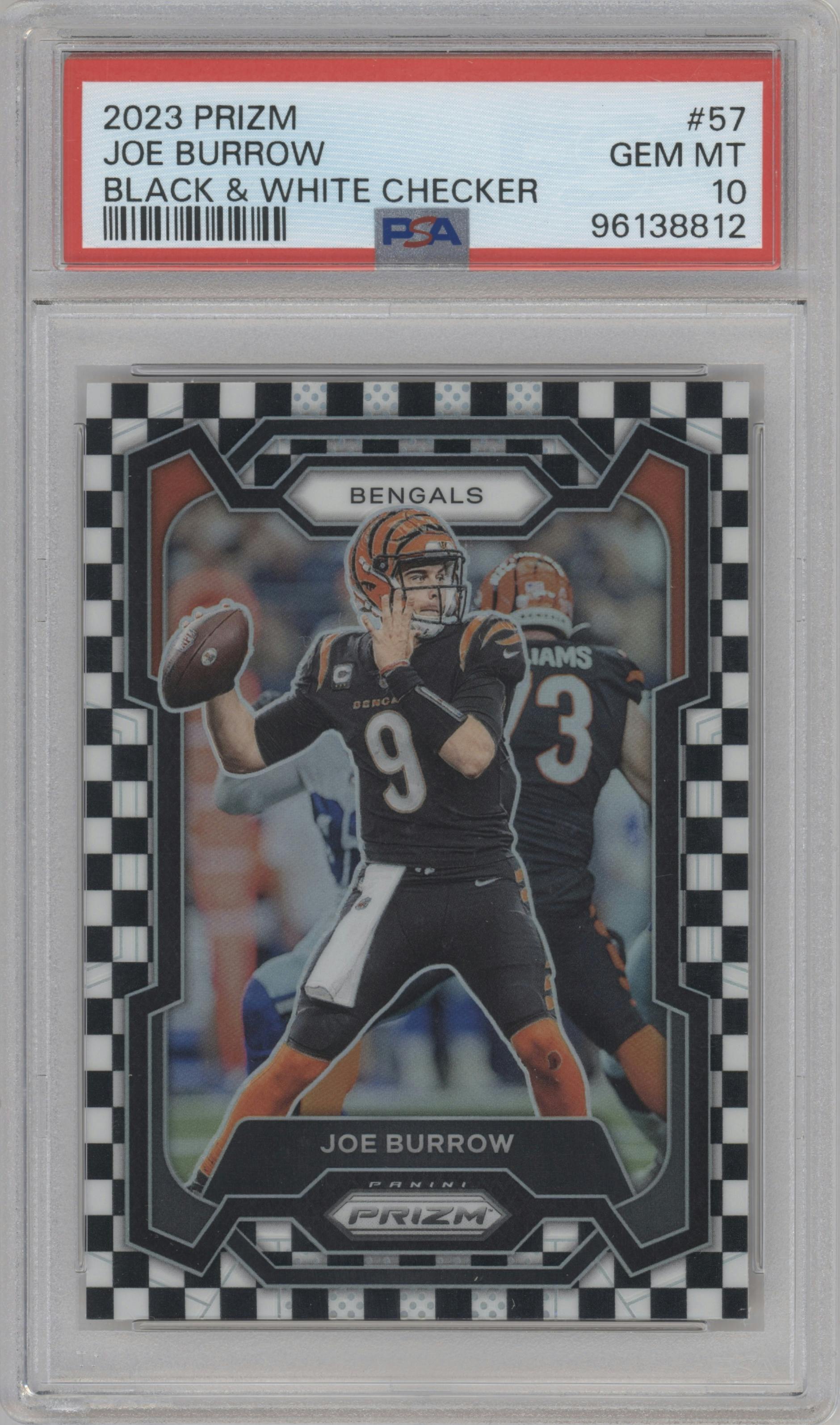 Joe Burrow from the 2023 Panini Prizm set featuring a Black/White Checker parallel graded by PSA and given an overall grade of 10.
