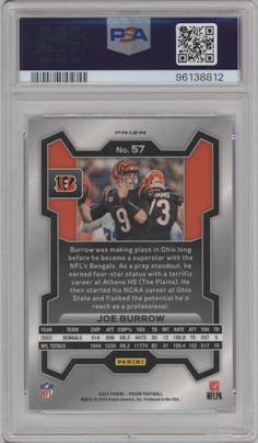 Joe Burrow from the 2023 Panini Prizm set featuring a Black/White Checker parallel graded by PSA and given an overall grade of 10.