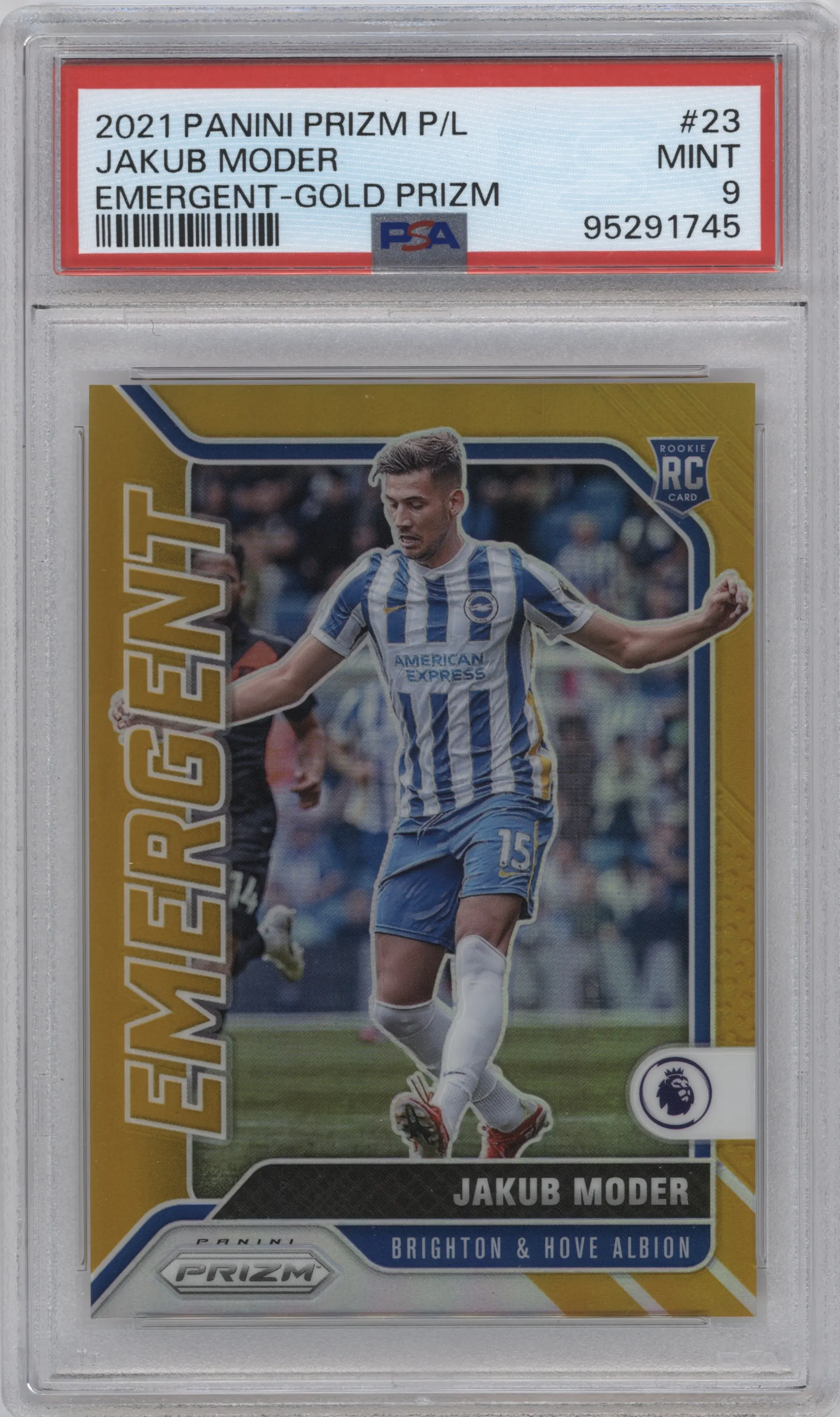 2021 Panini Prizm Premier League Emergent Jakub Moder Gold Prizm PSA 9