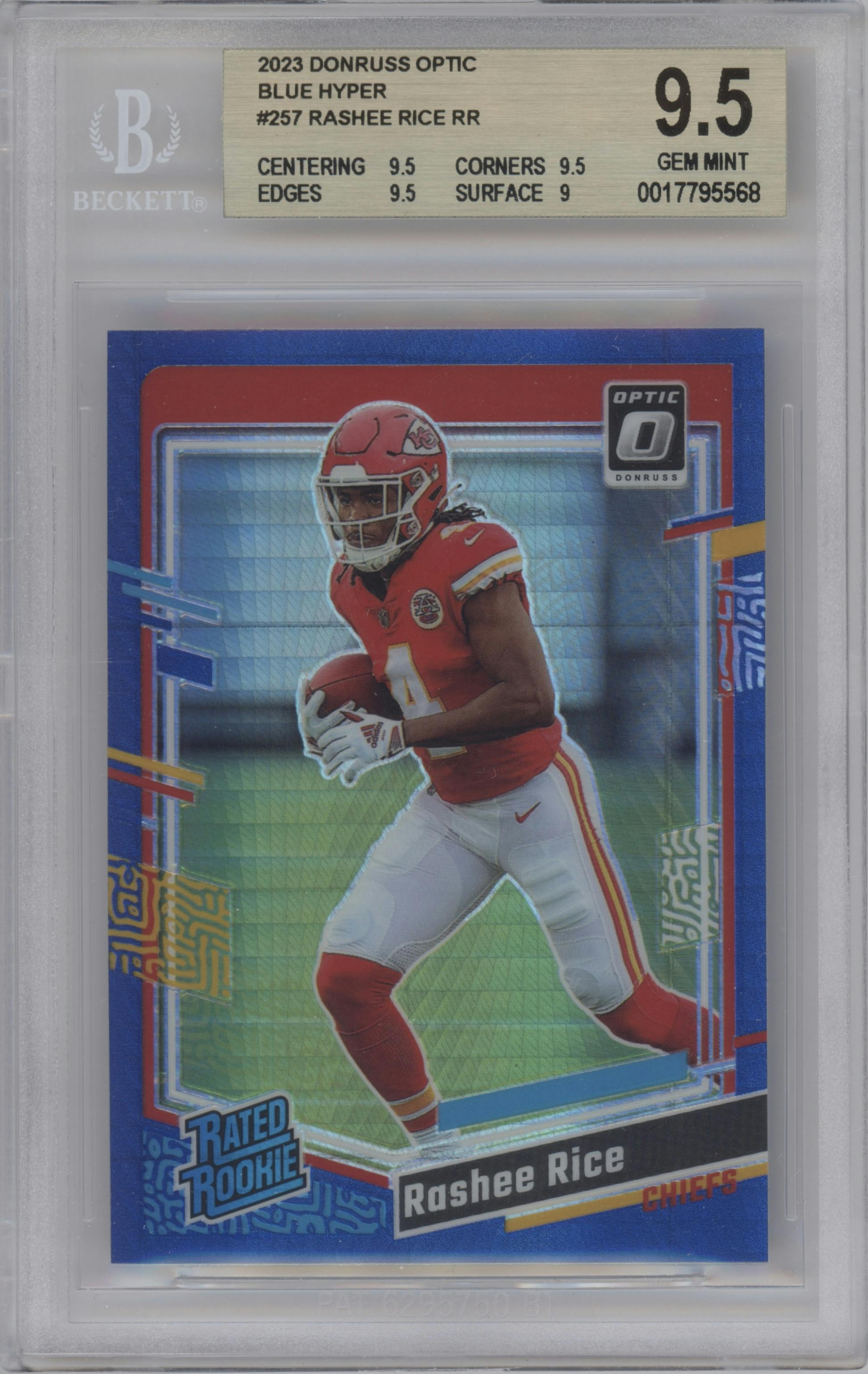 Rashee Rice from the 2023 Donruss Optic set featuring a Hyper Blue parallel graded by Beckett and given an overall grade of 9.5.