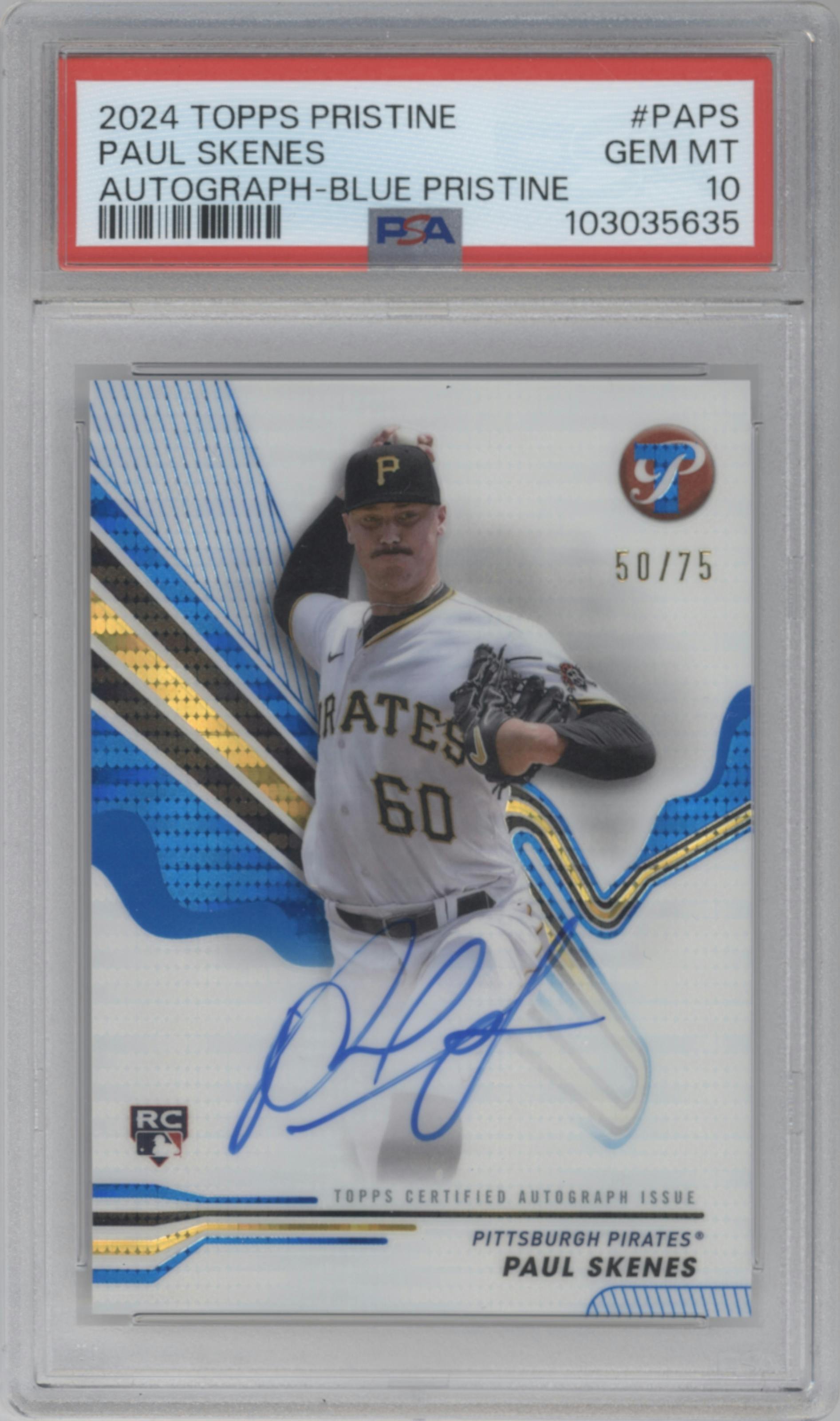 Paul Skenes from the 2024 Topps Pristine set featuring a Blue Pristine Pulsar Refractor parallel graded by PSA and given an overall grade of 10.