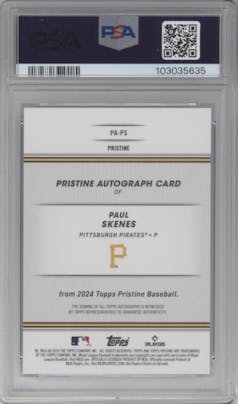 Paul Skenes from the 2024 Topps Pristine set featuring a Blue Pristine Pulsar Refractor parallel graded by PSA and given an overall grade of 10.