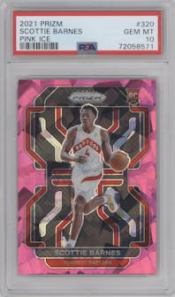 Scottie Barnes from the 2021-22 Panini Prizm  set featuring a Pink Ice parallel graded by PSA and given an overall grade of 10.