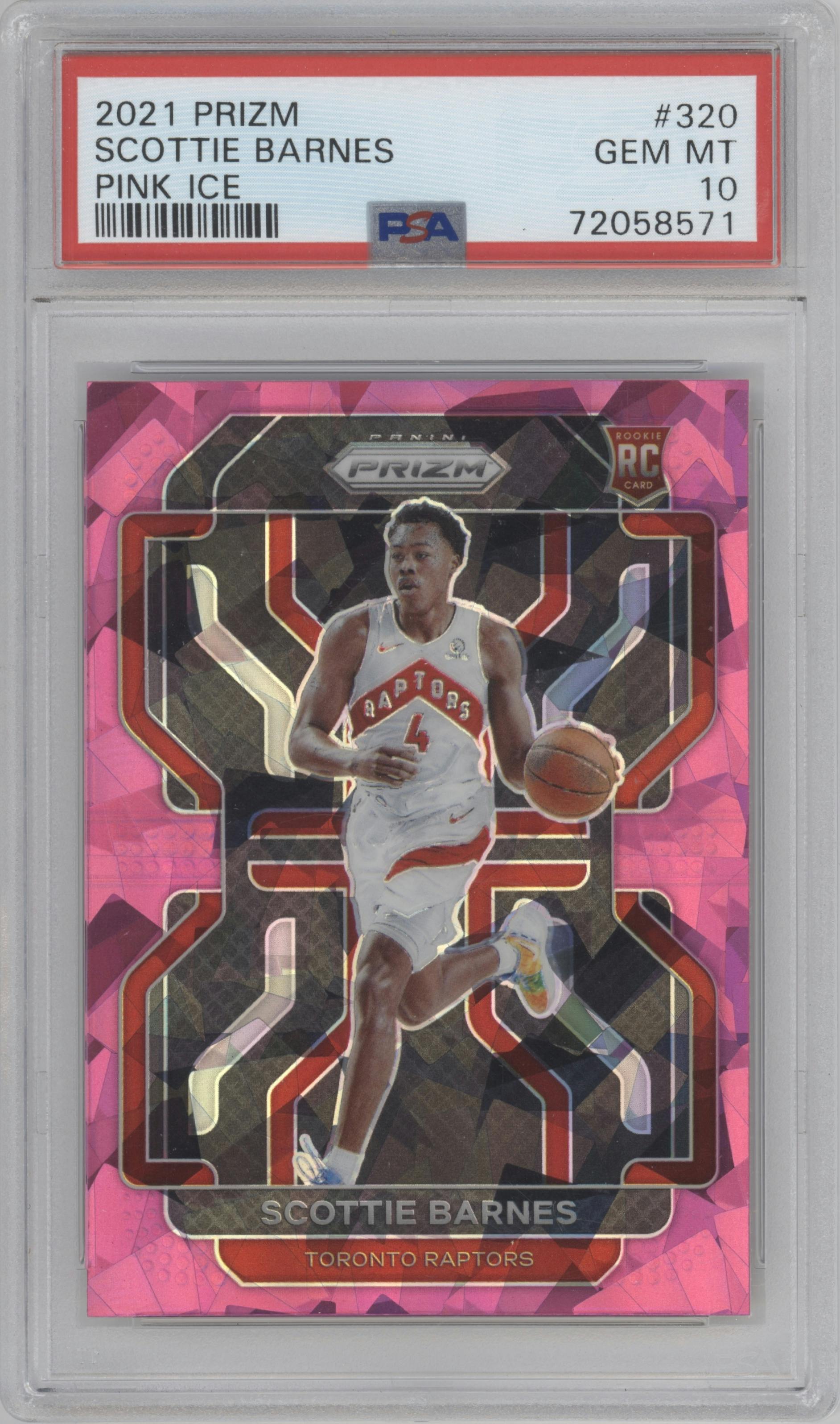 Scottie Barnes from the 2021-22 Panini Prizm  set featuring a Pink Ice parallel graded by PSA and given an overall grade of 10.