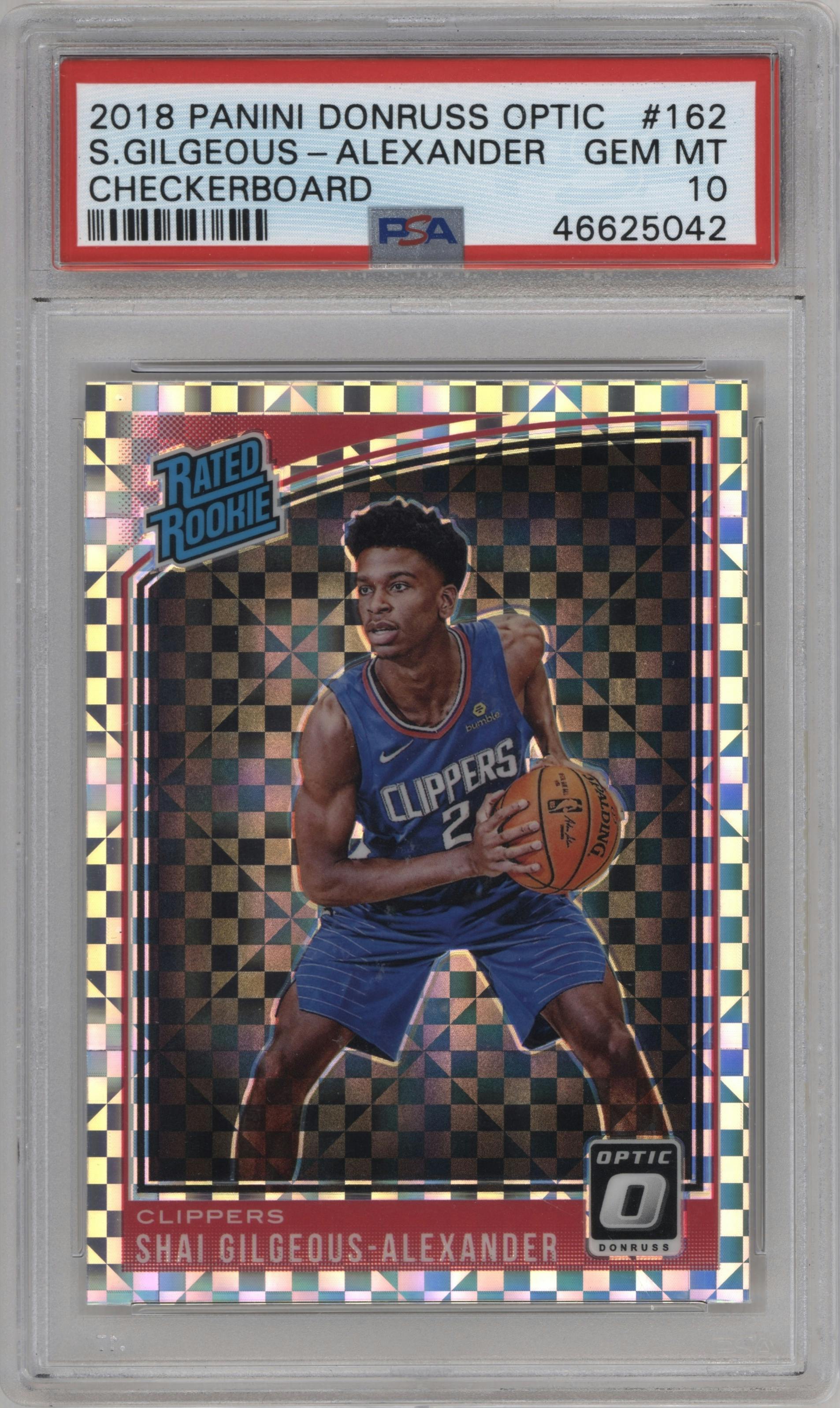 Shai Gilgeous-Alexander from the 2018-19 Panini Donruss Optic set featuring a Checkerboard parallel graded by PSA and given an overall grade of 10.