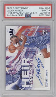 Jaden Hardy from the 2022-23 Panini Court Kings set featuring a Violet parallel graded by PSA and given an overall grade of 9.