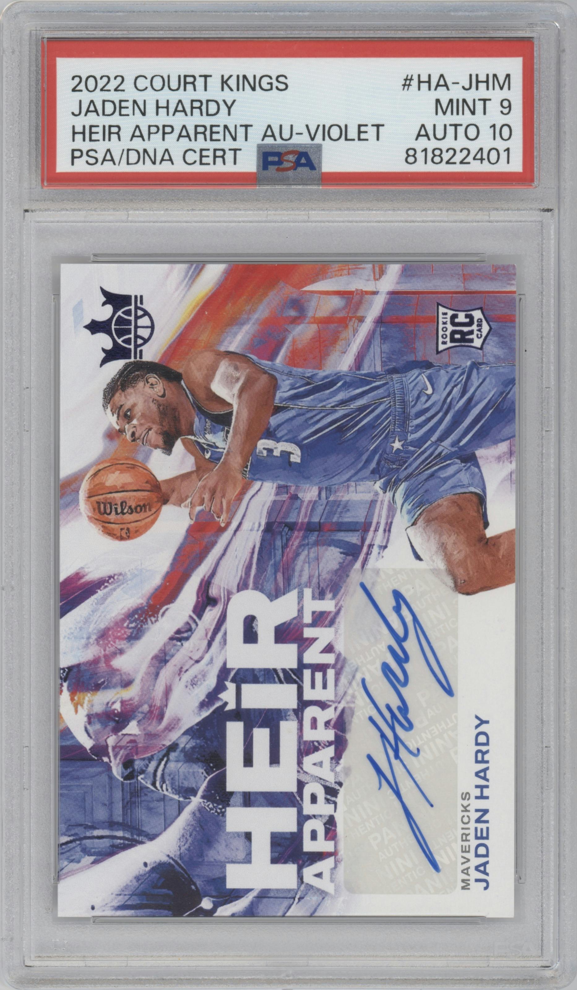 Jaden Hardy from the 2022-23 Panini Court Kings set featuring a Violet parallel graded by PSA and given an overall grade of 9.