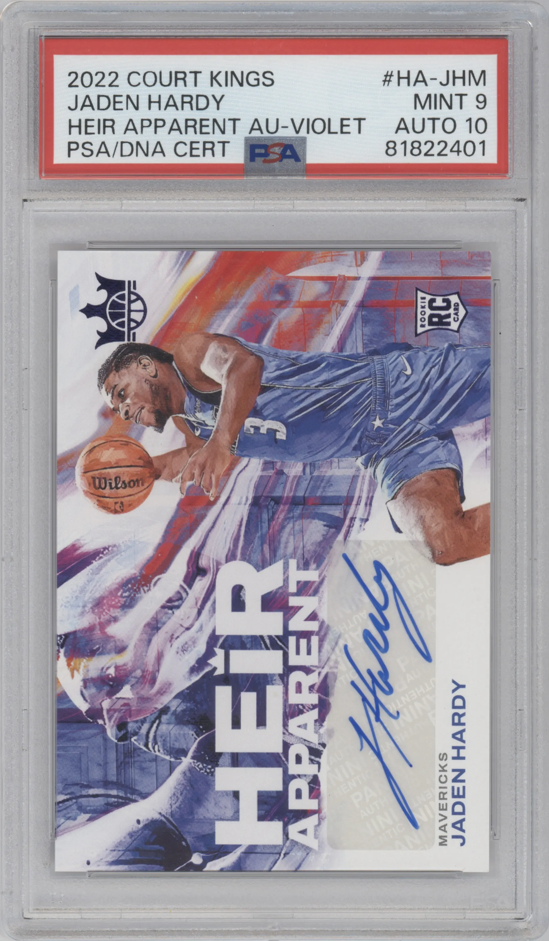 2022 Panini Court Kings Heir Apparent Auto Jaden Hardy Violet PSA 9