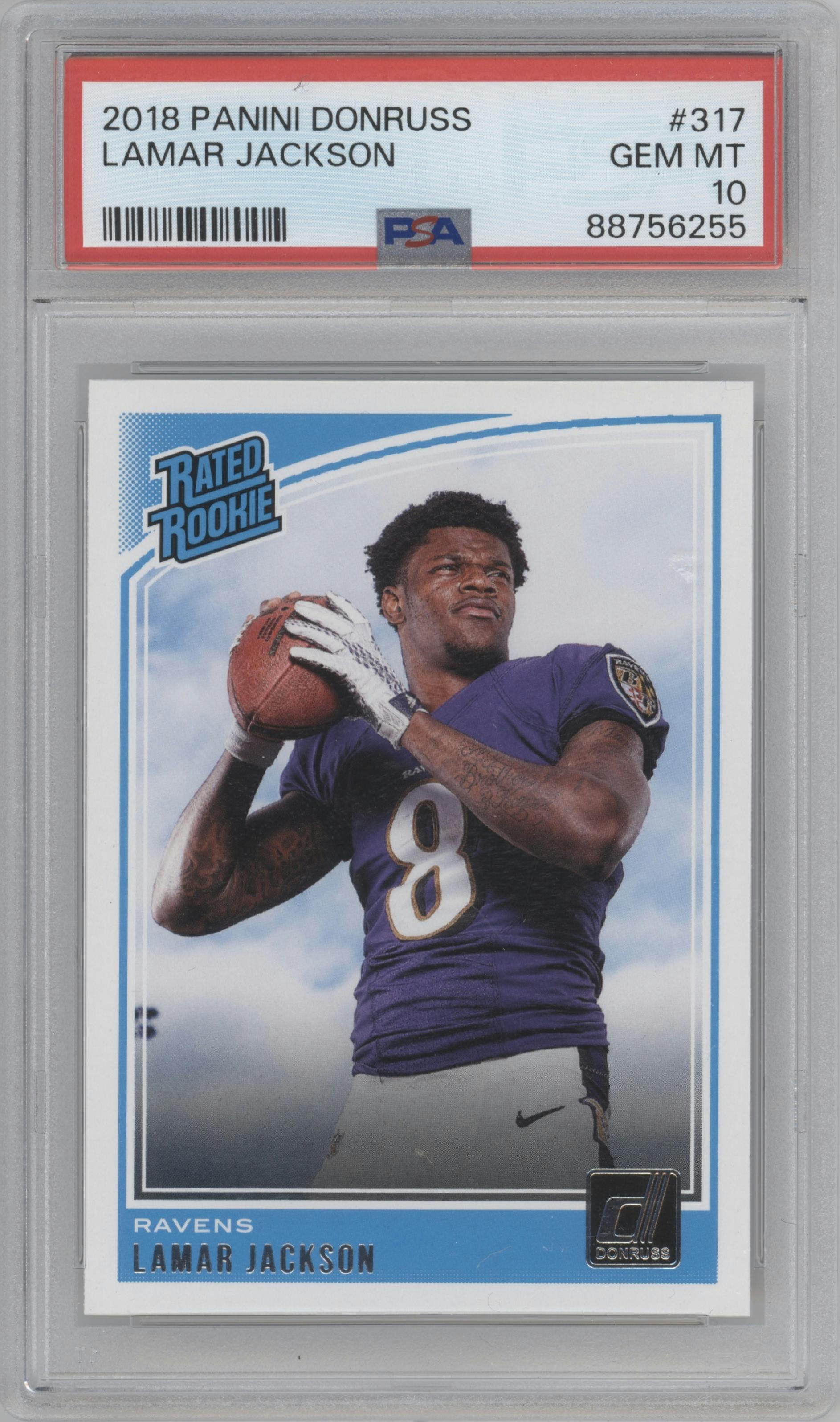 Lamar Jackson from the 2018 Panini Donruss set graded by PSA and given an overall grade of 10.