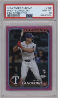 Wyatt Langford from the 2024 Topps Chrome set featuring a Pink Refractor parallel graded by PSA and given an overall grade of 10.
