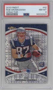 Rob Gronkowski from the 2010 Topps Finest set featuring a X-Fractor parallel graded by PSA and given an overall grade of 8.