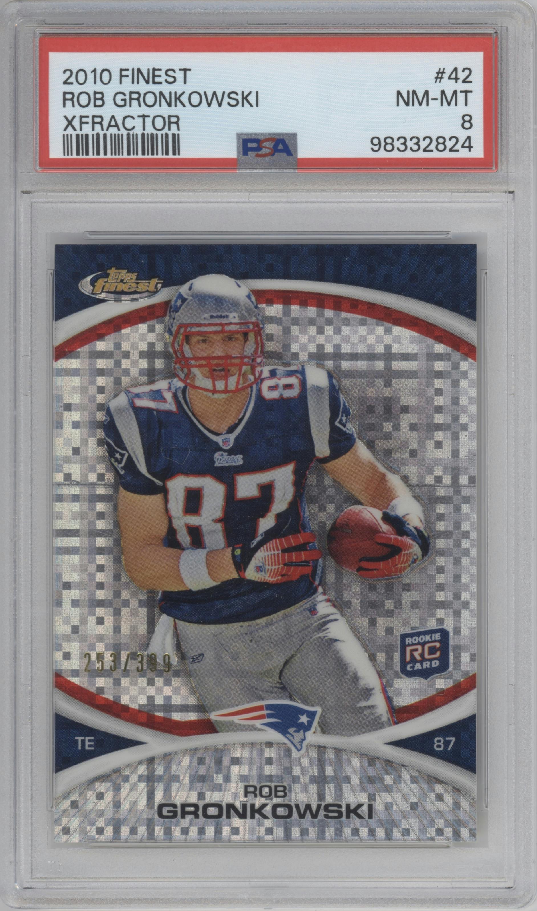 Rob Gronkowski from the 2010 Topps Finest set featuring a X-Fractor parallel graded by PSA and given an overall grade of 8.