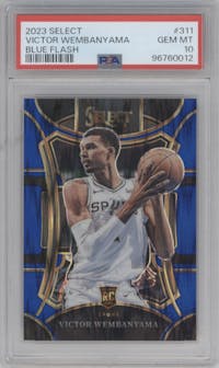 Victor Wembanyama from the 2023-24 Panini Select  set featuring a Blue Flash parallel graded by PSA and given an overall grade of 10.