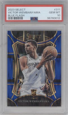 Victor Wembanyama from the 2023-24 Panini Select  set featuring a Blue Flash parallel graded by PSA and given an overall grade of 10.