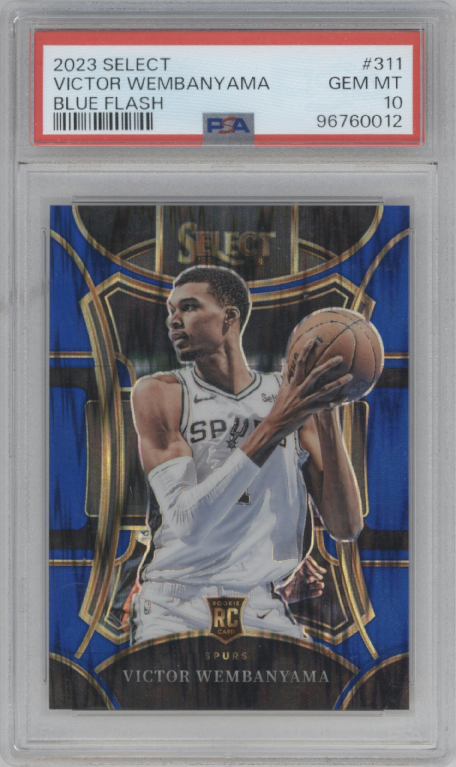 Victor Wembanyama from the 2023-24 Panini Select  set featuring a Blue Flash parallel graded by PSA and given an overall grade of 10.