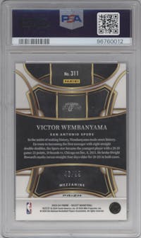 Victor Wembanyama from the 2023-24 Panini Select  set featuring a Blue Flash parallel graded by PSA and given an overall grade of 10.