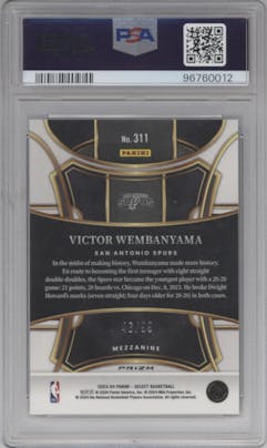 Victor Wembanyama from the 2023-24 Panini Select  set featuring a Blue Flash parallel graded by PSA and given an overall grade of 10.