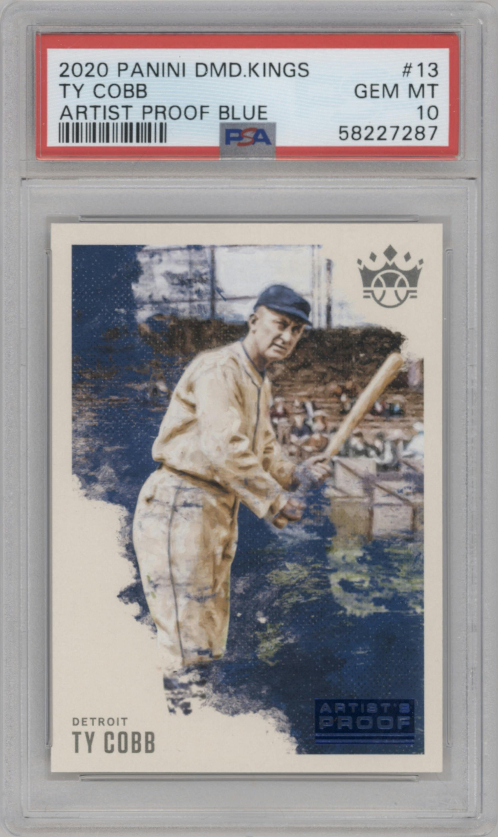 Ty Cobb from the 2020 Panini Diamond Kings set featuring a Artist Proof Blue parallel graded by PSA and given an overall grade of 10.