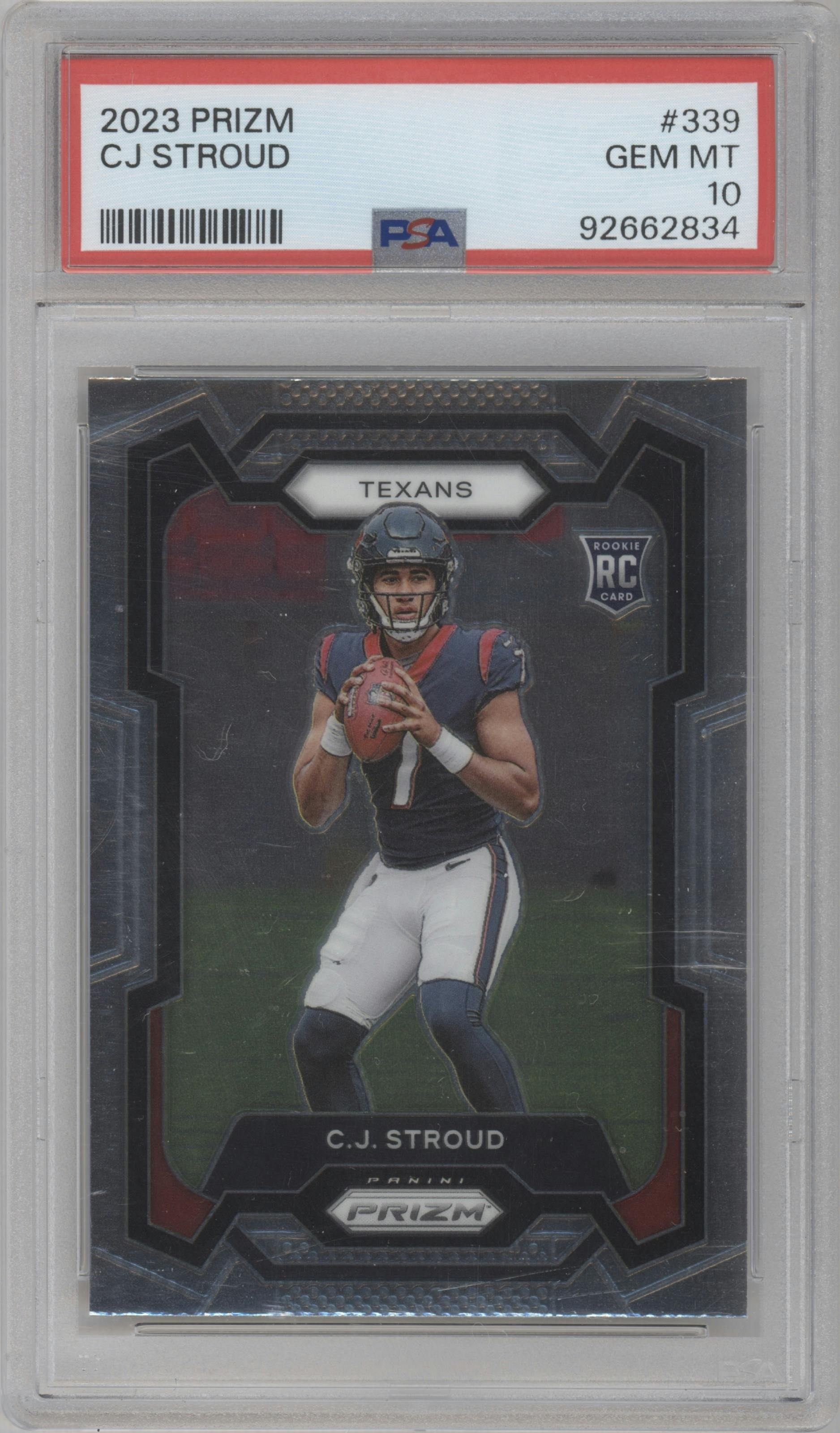 C.J. Stroud from the 2023 Panini Prizm set graded by PSA and given an overall grade of 10.