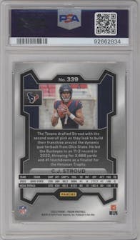 C.J. Stroud from the 2023 Panini Prizm set graded by PSA and given an overall grade of 10.