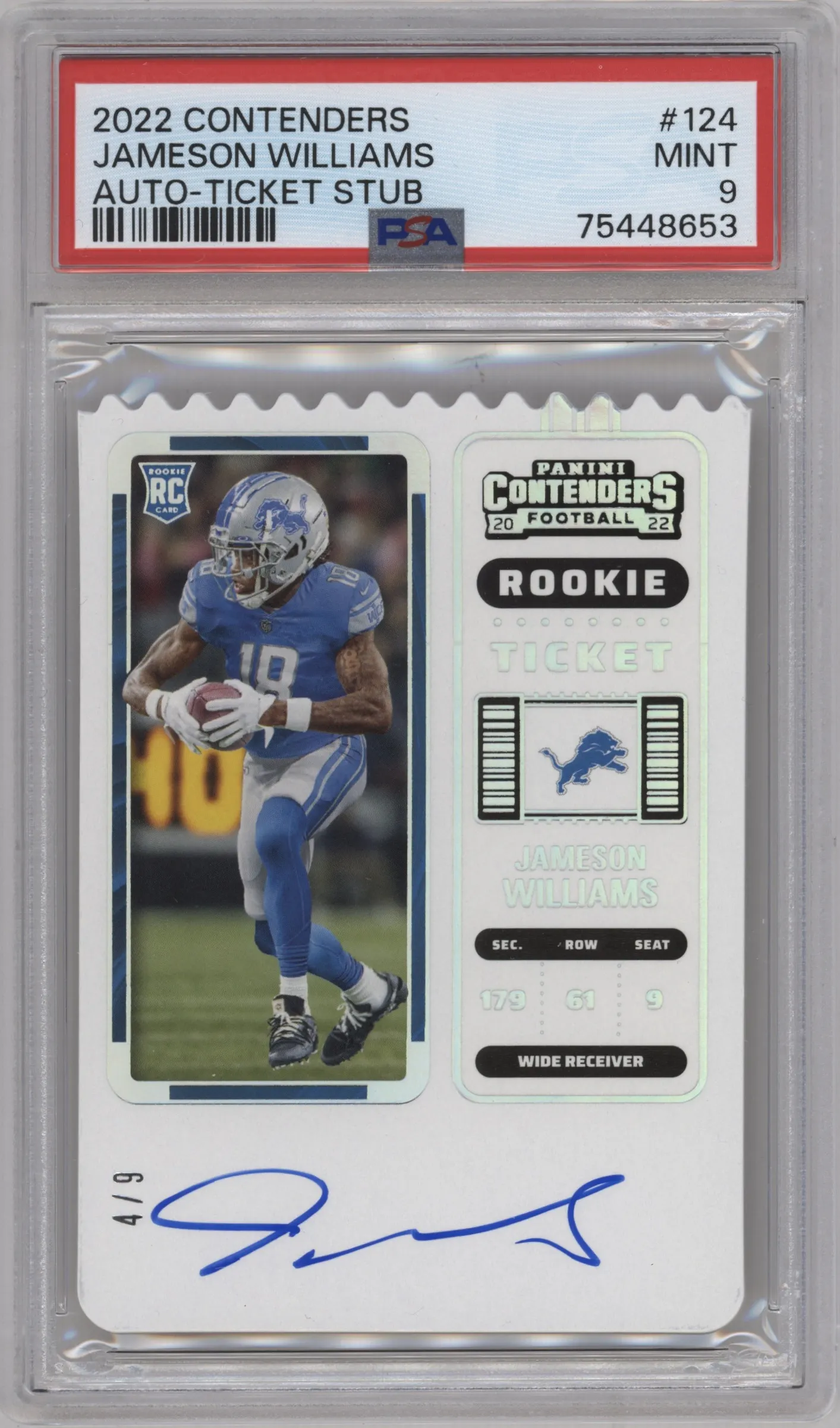 2022 Panini Contenders Rke.Tkt.RPS Jameson Williams Stub #124 PSA 9
