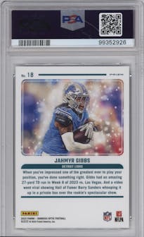 Jahmyr Gibbs from the 2023 Donruss Optic set graded by PSA and given an overall grade of 10.